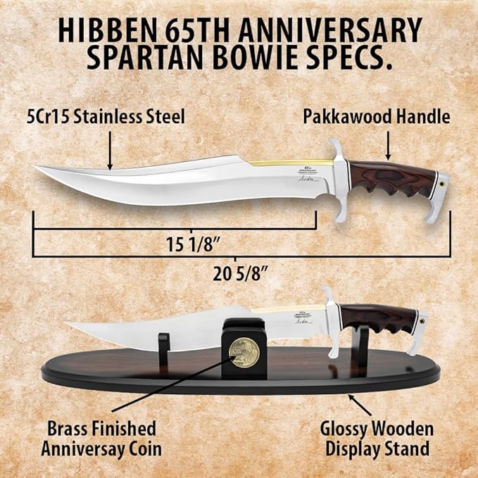 Hibben 65th Anniversary Spartan Bowie Knife| Includes Wooden Stand | 15 1/8 5Cr15 Blade | Dark Pakkawood Handle | Commemorative Display