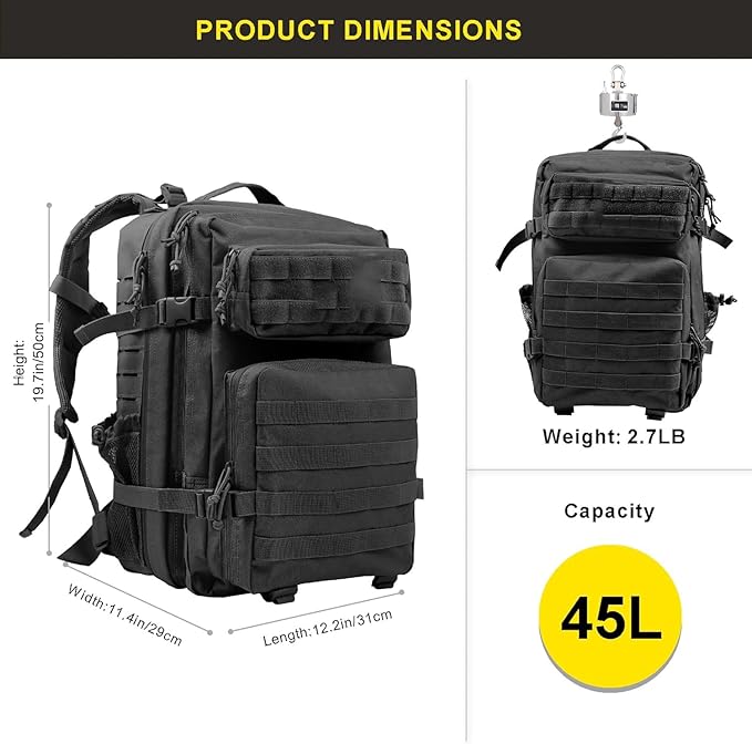 Zavothy 45L Military Tactical Backpack Army 3-Day Assault Pack Bug Out Bag for Hiking Camping | Army Bag Large Rucksack with Molle System
