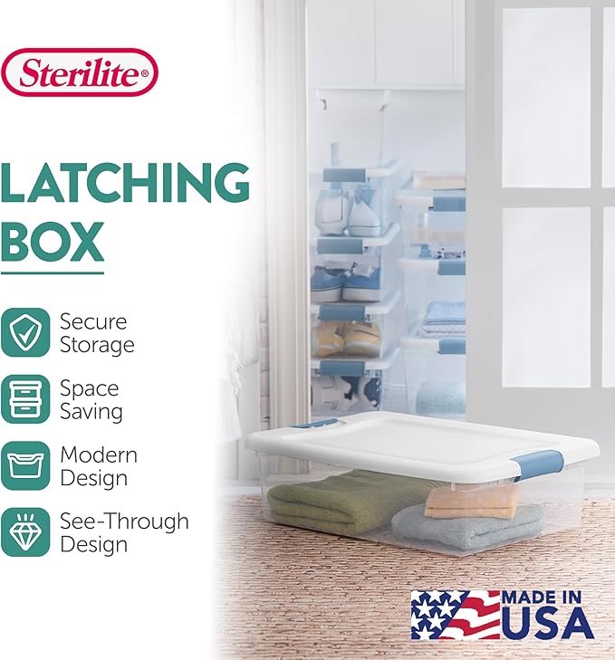 Sterilite 24-Pack Latching Box Under Bed Storage Bins with Lids Clear Plastic 32 Quart - Heavy-Duty Organizing Containers for Closet Bathroom and Office