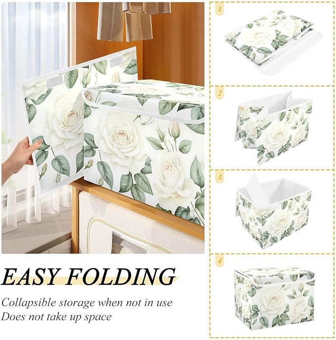 Flower Baskets Collapsible Storage Bins with Lids White Rose Flower Storage Boxes Clothes Baskets for Organizing