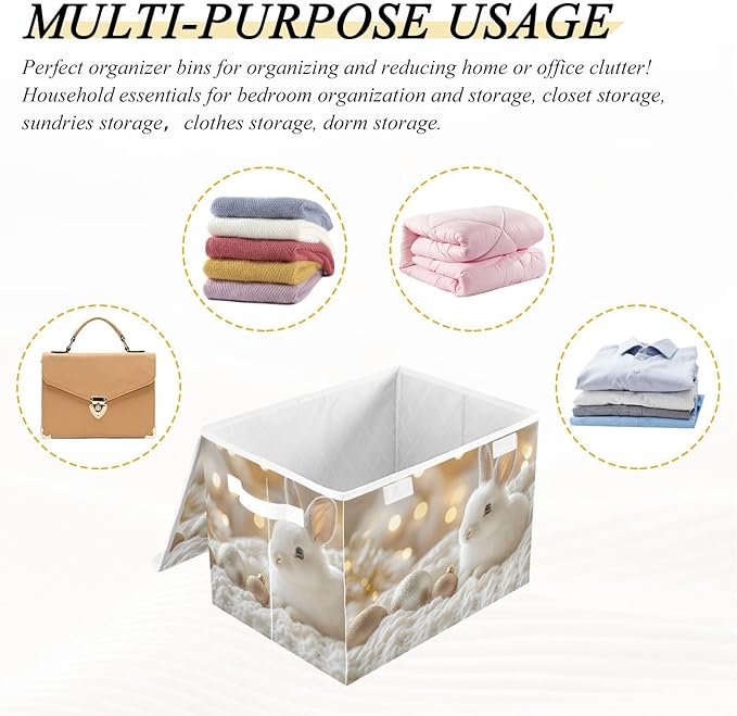 AIXIWAWA Lidded Storage Cube (White Rabbit) Fabric Foldable Closet Bins with Flip Lid and Handles Organizer Basket Container 16.5 x 12.6 x 11.8 IN
