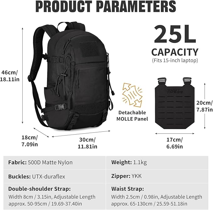 25L Tactical Backpack Small Hiking Backpack with Expandable MOLLE Front and Laptop Sleeve Biking Motorcycle Backpacks for Men