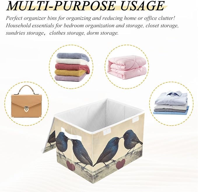 Storage Cube with Lid Valentine Birds Print 16.5×12.6×11.8 IN Collapsible Large Capacity Foldable Storage Basket Bin Organizer
