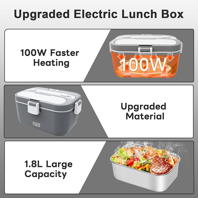 DUPASU Electric Lunch Box Food Warmer: 100W Heated Lunch Box for Adults 1.8L Portable Fast Heating Lunchbox Food Heater for Car Truck Work Travel Lonchera Elctrica Porttil 12/24V/110-230V
