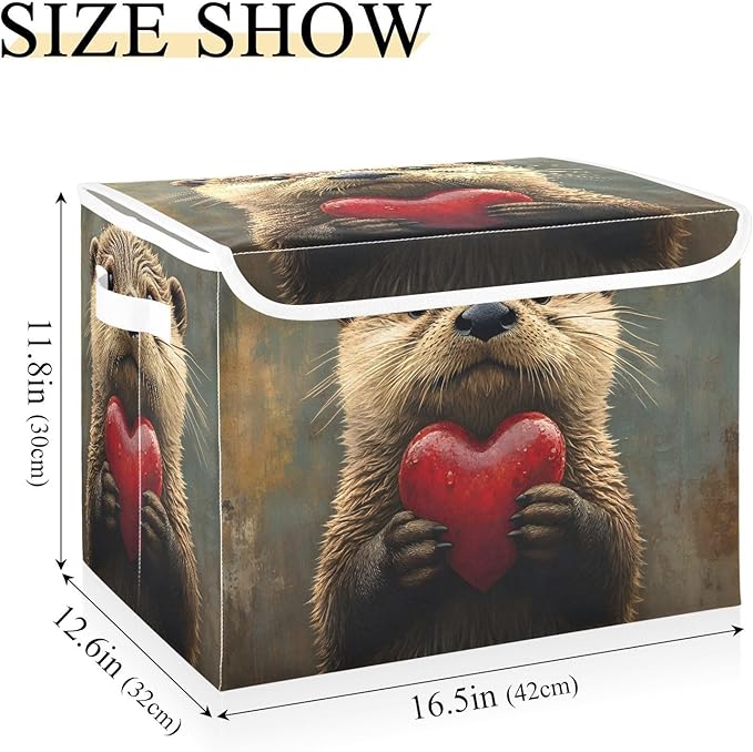 AIXIWAWA Lidded Storage Cube (Otter Love Heart) Fabric Foldable Closet Bins with Flip Lid and Handles Organizer Basket Container 16.5 x 12.6 x 11.8 IN