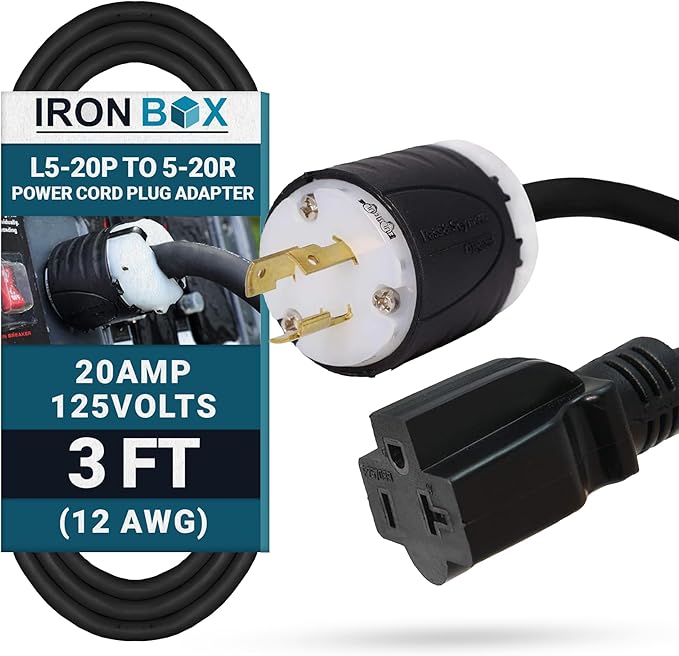 IronBox Electric NEMA L5-20P to 5-20R Power Cord Plug Adapter - 20A 125V12 AWG - UL Listed Heavy Duty Adapter Cable for Generator Data Centers Computers Outdoor Events &amp More (Custom Built 3