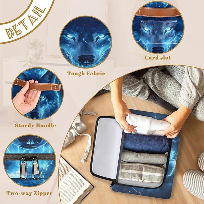 Wildlife Wolf Storage Box with Lid Cool Wolf Collapsible Storage Bins Baskets Cubes Closet Shelf Clothes Organizer Containers with PU Leather Handles