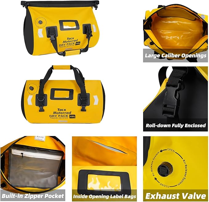 Waterproof Duffel Bag for Men/Women Roll-top Dry Backpack Duffel Bag with Quick-fixed Straps Motorcycle Tail Saddle Bag for Motorcycling Rafting Boating Kayaking Travel 48L-Yellow