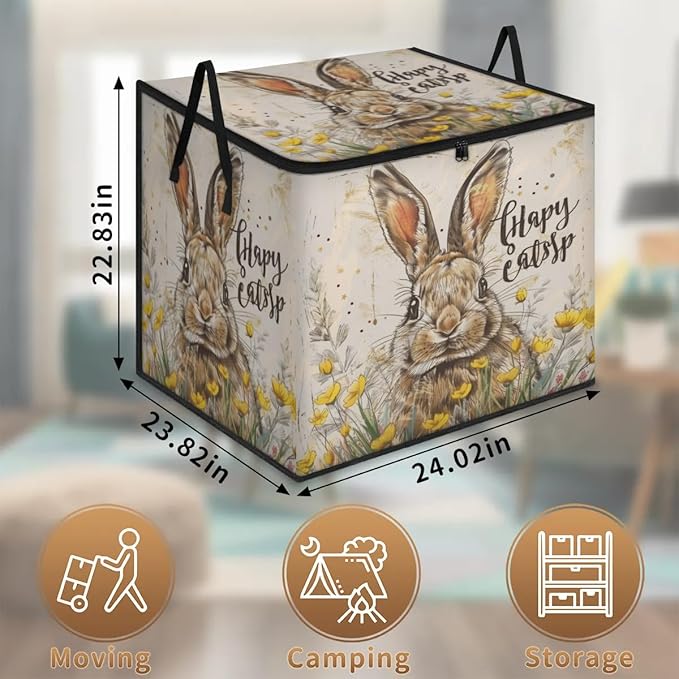 XL Large Clothes Storage with Lid Handle Rabbit Large Thick Clothes Blanket Storage Containers for Organizing Bedroom Closet Comforter Easter Bunny Farm Cartoon Animals