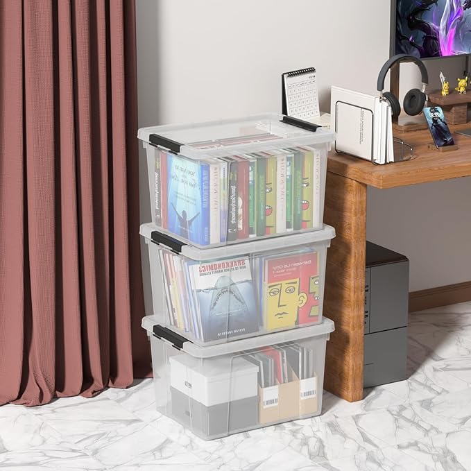 22 Quart Stackable Plastic Storage Bins with Lids and Latching Buckles 4 Pack Tubs Boxes Organizing Clear