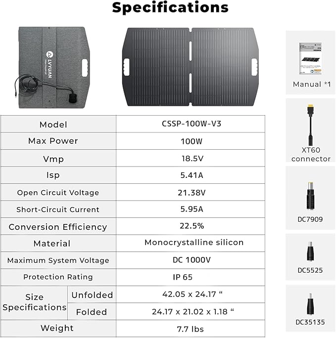 LVYUAN 100W Solar Panel 18.5V Foldable ETFE Conversion Rate 22.5% Monocrystalline IP65 Waterproof Compatible with XT60 DC5525 DC7909 DC35135 Fast Charging Foldable with Stand High Efficiency