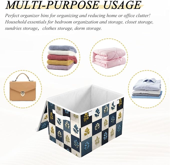 Lidded Storage Cube Luxury Leaf Checkered Print 1 Pack Collapsible Large Capacity Foldable Storage Basket Bin Organizer 16.5×12.6×11.8 in