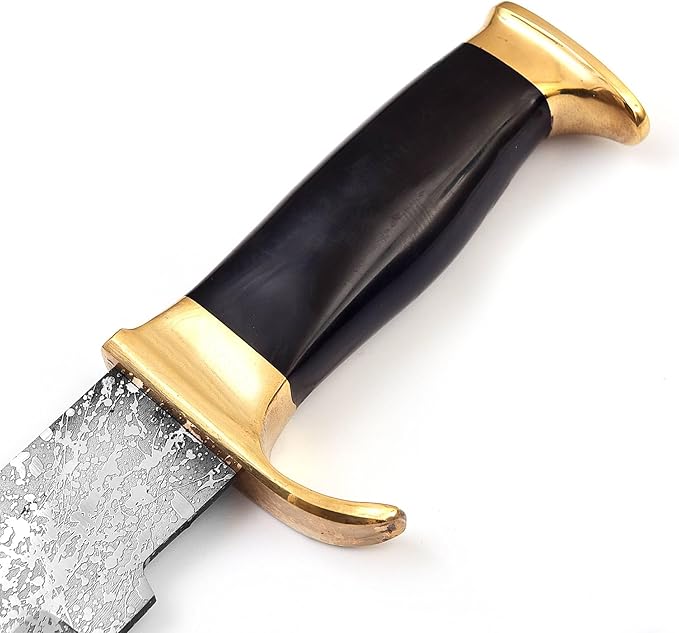 15.5 Long D-2 steel Hunting Bowie Knife Natural Rose wood scale with Brass finger guard &amp Pommel Over 10 sharp D-2 solid steel blade with blood groove Cow Hide Leather sheath with belt loop