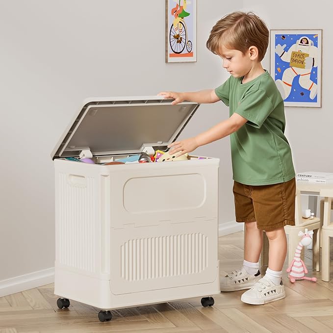 HAIXIN Flip-top Storage Bin with Lid - 60 QT Plastic Storage Box with Wheels 14.8 Gal Stackable Closet Organizer for Clothes Blanket Movable Storage Organization for Laundry Cream White