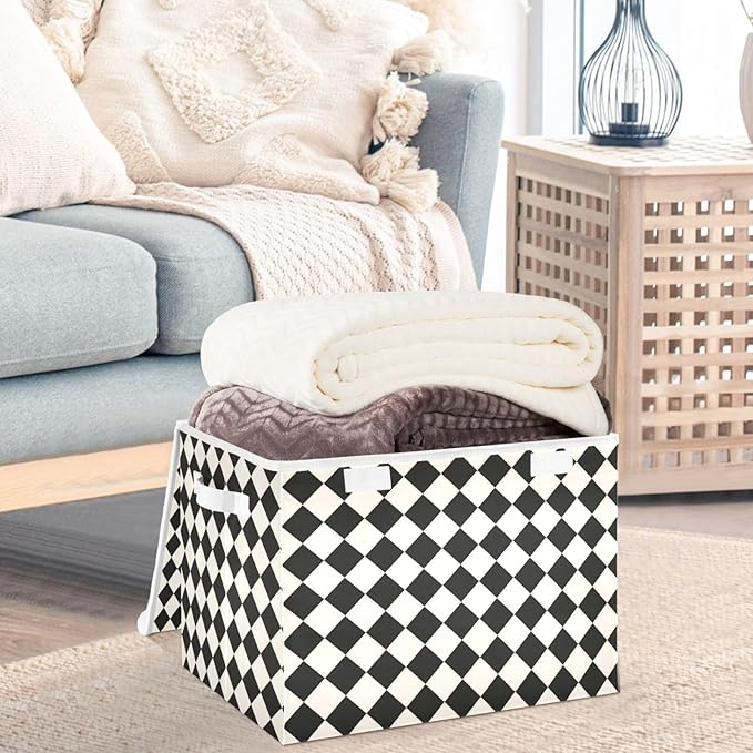 CaTaKu Large Fabric Storage Bins With LidsBlack and White Checkered Storage Boxes With Handles for Organizing Clothes Collapsible Storage Cube Bins Baskets for Shelves