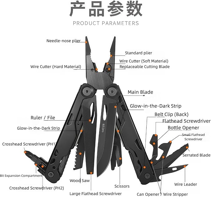 Multitool 20-in-1 Full-Size Lightweight EDC Multi-Purpose Pliers Pocket Knife Tactical Gear Nylon Bag Tools Gifts for Guys Equipment for Emergencies Hiking and Outdoor Camping (Black)