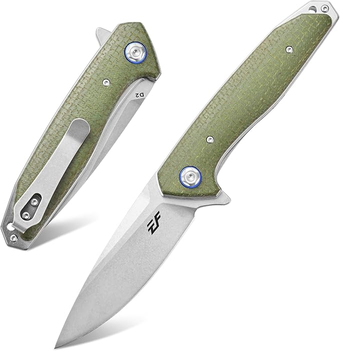 Eafengrow EF972 Folding Knife D2 Steel Blade Micarta Handle Pocket Knife Folder for Outdoor Camping Hiking Working EDC Tool Knife(army green)