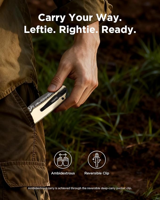 Folding Pocket Knife for EDC Small Pocket Knives for Men Women 2.99 Damascus Steel Blade Aluminum Handle with Clip for Camping Hiking Outdoor Survival Mini 3080AB (Beige)
