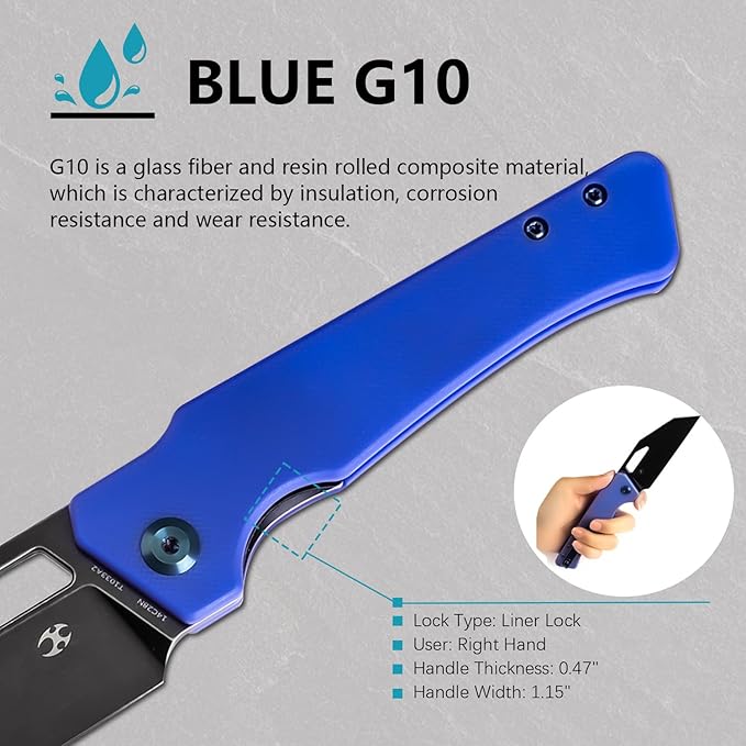 KANSEPT Egress Pocket Knives 8.24in Folding Knife with Black Stonewashed 14C28N Blade Blue G10 Handle Pocket Tactical Knife for Men Women Envelope Opener with Thumb hole T1033A2