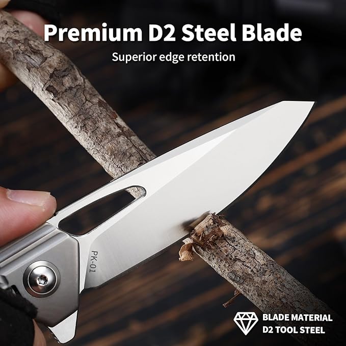 Folding Pocket Knife for Men 3.3 D2 Steel Blade Titanium Handle Frame Lock Folding Knife with Clip for Everyday Carry Outdoor Use PK-01