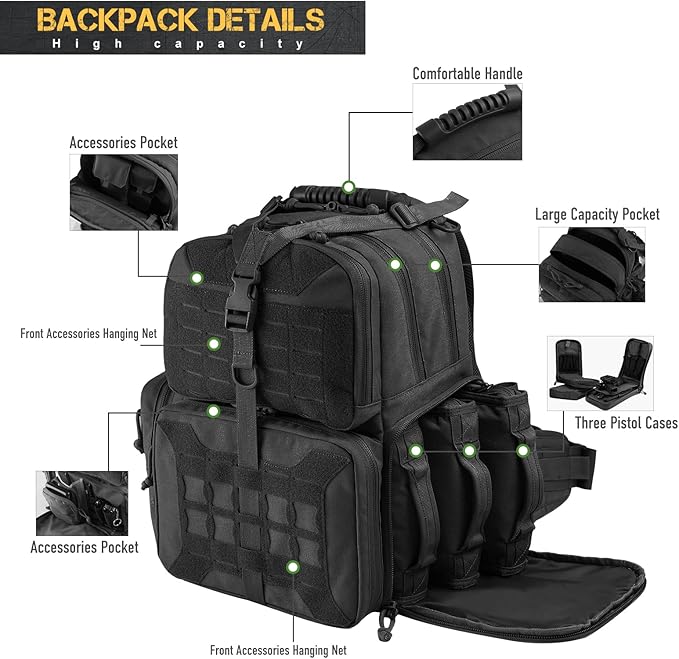 VOTAGOO Tactical Range Backpack Gun Bag for Handguns and Ammo 3 Pistol Carrying Cases for Hunting Shooting