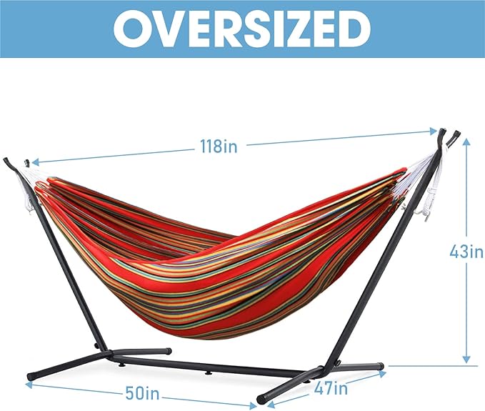 550lbs Capacity Double Hammock Adjustable Hammock Bed with 10ft Heavy Duty Steel Stand Includes Portable Carrying Case Easy Set up Red Pinstrip B