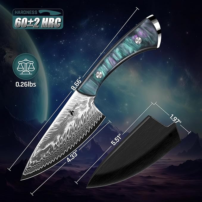 Golden Bird Damascus Steel Knife for Kitchen and Outdoor - Hand Forged Camping Cooking Knife with Resin Handle All Purpose Small Kitchen Knives with Sheath Gift for Men &amp Women