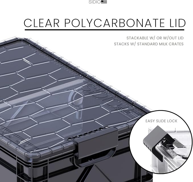 SIDIO CRATE Starter Pack - Two Full Size and One Half Size SidioCrate Stackable Outdoor Organizer Storage Bins with Clear Lid and Dividers - Black