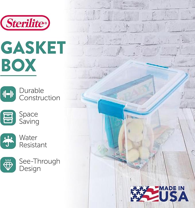 Sterilite 18-Pack Gasket Box Weather-Resistant Storage Bins with Latching Lids 20 Quart - Heavy-Duty Organizing Containers for Closet Bathroom and Office