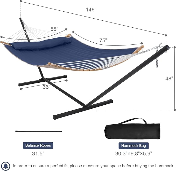 2 Person Hammock with Stand Included Outdoor Hammock with Curved Spreader Bar Pillow and Carrying Bag 450 Lbs Capacity Navy Blue