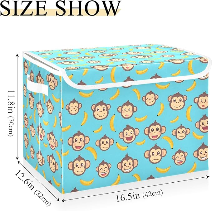 MNSRUU Containers Baskets with Lids Banana Monkey Face Blue Foldable Storage Bins Organizer with Lid Collapsible Storage Boxes for Home Bedroom Closet Office