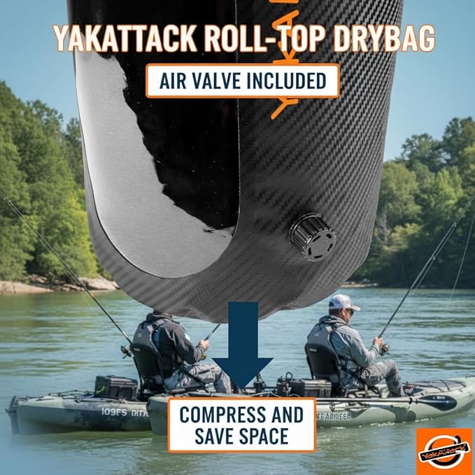 YakAttack 5L Roll-Top Drybag with Air Valve - Black Carbon | Waterproof Marine Dry Bag for Kayaking Boating &amp Paddleboarding | Heavy Duty Small Drybag for Gear Protection | Compact Kayak Storage