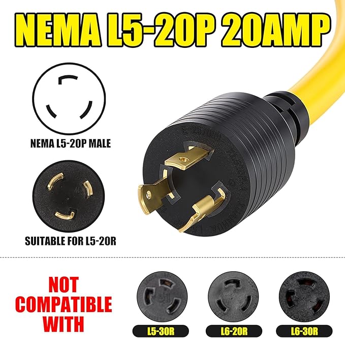 Kanayu 20 Amp to 110 Adapter Outdoor Generator Power Cord 1.5ft 3 Prong Rv Plug Compatible with Nema L5-20p to 3X 5-20r/5-15r 15/20a Outlet Distribution Adapter with Lighted Indicator Etl Listed