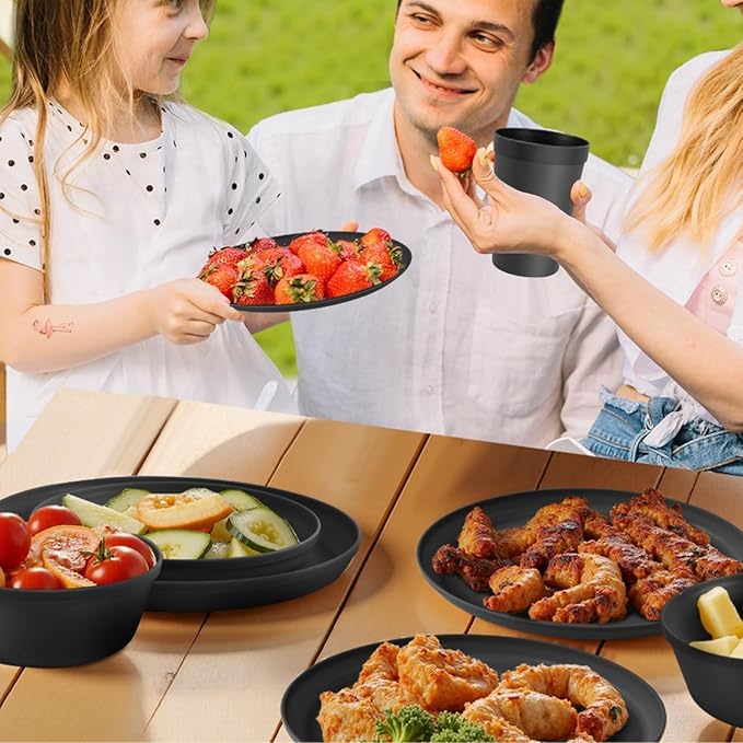 40 Piece Plastic Dinnerware Set for 8 with Cutlery Unbreakable Plates and Bowls Set Dishwasher &amp Microwave Safe Reusable Dish Set for Camping RV Outdoor Kitchen Apartment Dining Black
