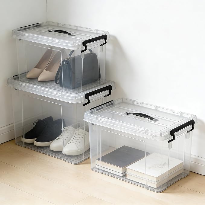6 Pack Clear Storage Bins with Lids 288 QT (4 Pack-60 QT 1 Pack-28 QT 1 Pack-20 QT) Stackable Plastic Organizer for Home Office Garage BPA-Free Heavy-Duty with Secure Latches &amp Handles