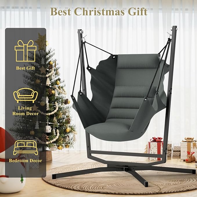 360° Swivel Hammock Swing Chair with Stand - Comfortable Hanging Chair with Cushions (400 lbs Capacity) for Indoor/Outdoor Use - Perfect for Bedroom Patio Porch Deck Garden Balcony