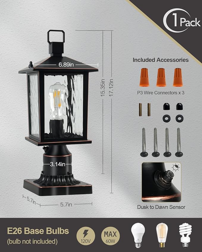 Dusk to Dawn Outdoor Post Light Hardwired Oil-Rubbed Bronze Pole Lantern with Pier Mount Base Water Ripple Glass 17'' Waterproof Lamp Post Light Fixture for Driveway Pathway Yard