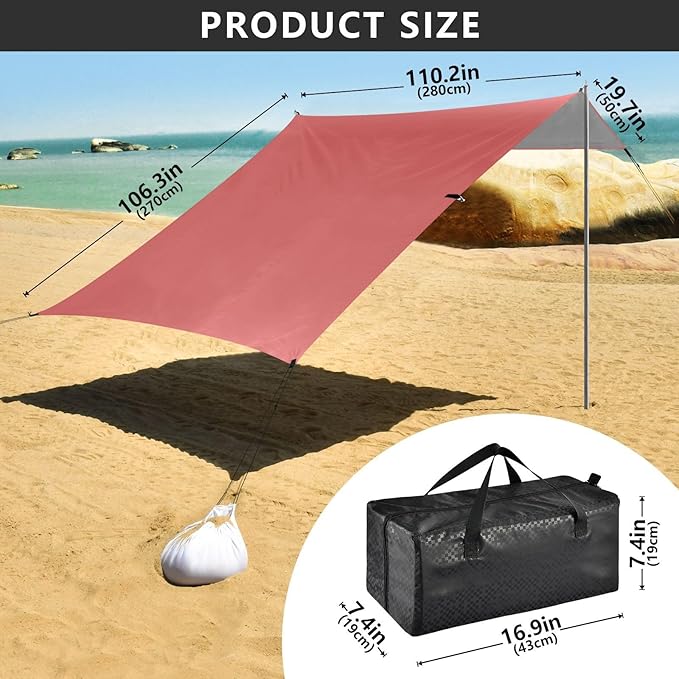 Indian Red Foldable Beach Tent UPF50+ Protection Easy Setup Sun Shelter with Sandbags &amp Sand Shovel for Camping Trips Fishing Backyard Fun or Picnics