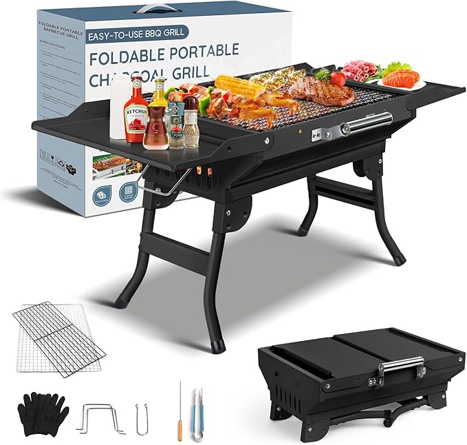 Portable Charcoal Grill Foldable Grills BBQ Grill Charcoal Small Grill for Travel Camping Outdoor Cooking Backyard Hiking Patio Garden Picnics Black