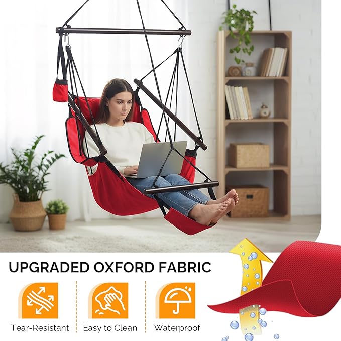 ONCLOUD Hammock Chair Hanging Swing Seat Air Deluxe Rope Through Beech Wood Bars Drink Holder &amp Fuller Pillow Safer Relax for Indoor Outdoor 250Lbs Red