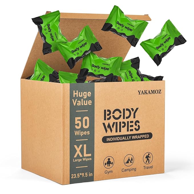 YAKAMOZ Large Body Wipes for Adults Bathing Individually Wrapped Personal Hygiene Body Wipes for Women Men and Elderly Disposable Washcloths for Bathing Camping (Unscented 50 Counts)