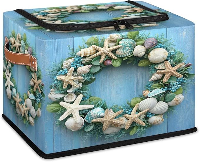 Starfish Wreath Storage Bins with Zipper Lid Blue Wooden Fabric Lidded Storage Baskets Cubes with Handles Decorative Foldable Shelf Closet Organizer Container