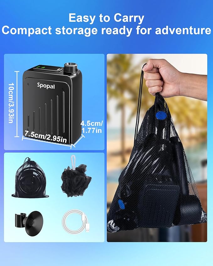 Spopal Portable Shower for Camping [Long-Lasting] 5000mAh Rechargeable Camping Shower 4 Spray Modes IPX8 Waterproof Outdoor Camp Pump for Hiking Travel Car Pet