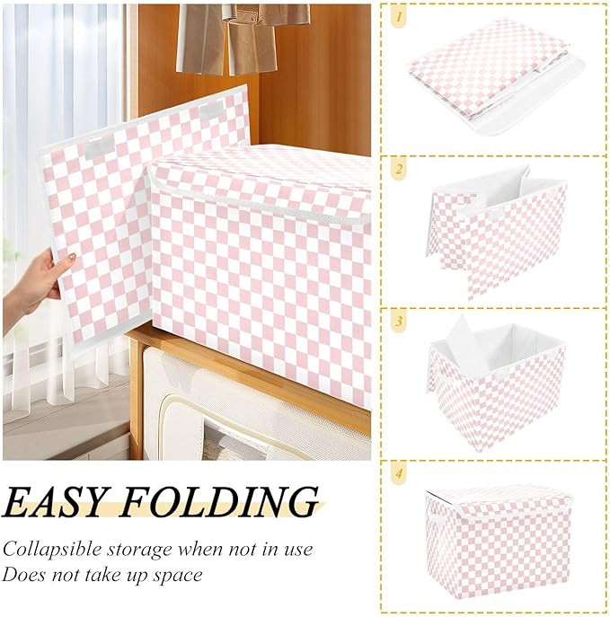 Light Pink White Checkerboard Storage Baskets Lidded Bin Foldable Storage Boxes Cubes Lids with 2 Handles for Organizing Closet Home Office