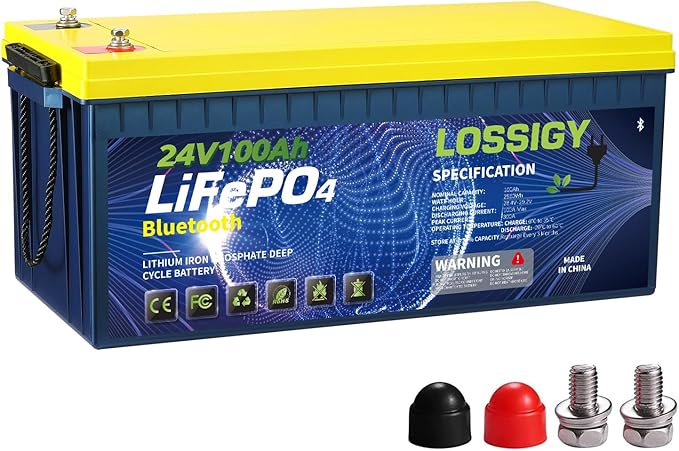 LOSSIGY 24V 100Ah Lithium Battery - 2560Wh Built-in 100A BMS with Bluetooth Deep Cycle Power Supply for Solar System RV Off-Grid Marine Trolling Motor