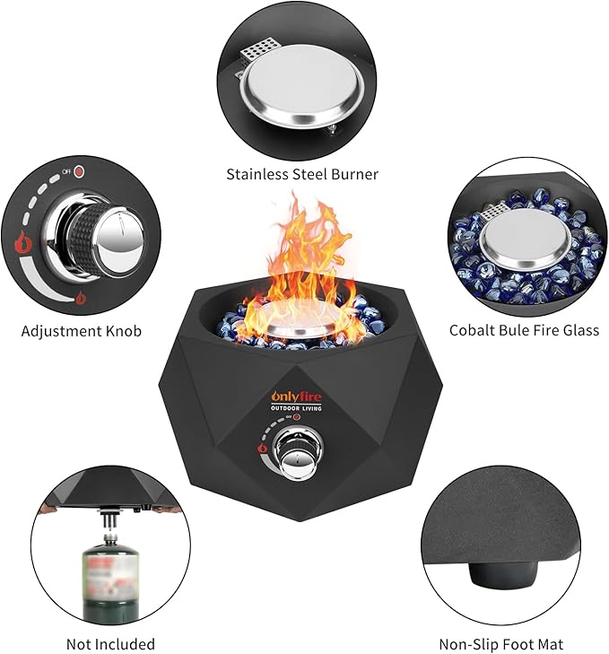 ONLYFIRE OUTDOOR LIVING 14” Modern Tabletop Fire Pit for Table with Umbrella Hole Portable Gas Firepit for 1lb Propane Gas Patio Backyard Porch Camping RV Tailgating Bottom-Mounted FP003