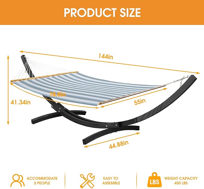 Lazy Daze Hammocks 12 FT 2 Person Double Quick Dry Textilene Hammock with Curved Steel Heavy Duty Stand for Outside Backyard Patio 450 Lbs Capacity Blue White Stripes