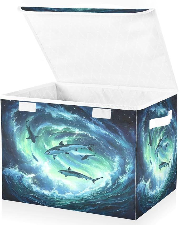 MNSRUU Containers Baskets with Lids Aurora Shark Fabric Foldable Storage Bins Organizer with Lid Collapsible Storage Boxes for Home Bedroom Closet Office