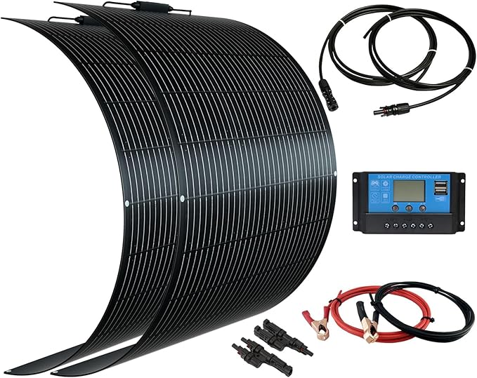 Flexible Solar Panel kit 200W 12V2PCS 100W Monocrystalline Module20A Charge ControllerExtension Cable Off-Grid Charger for RV Boat Van Car Curve Surfaces (Black)