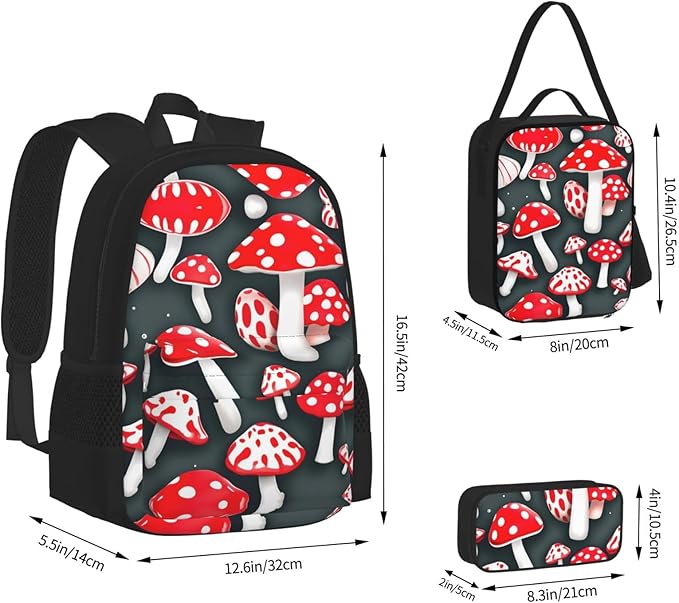 Red White Mushroom Backpack With Lunch Box 3 In 1 Set With Pencil Case Large Capacity Backpack With Chest Strap